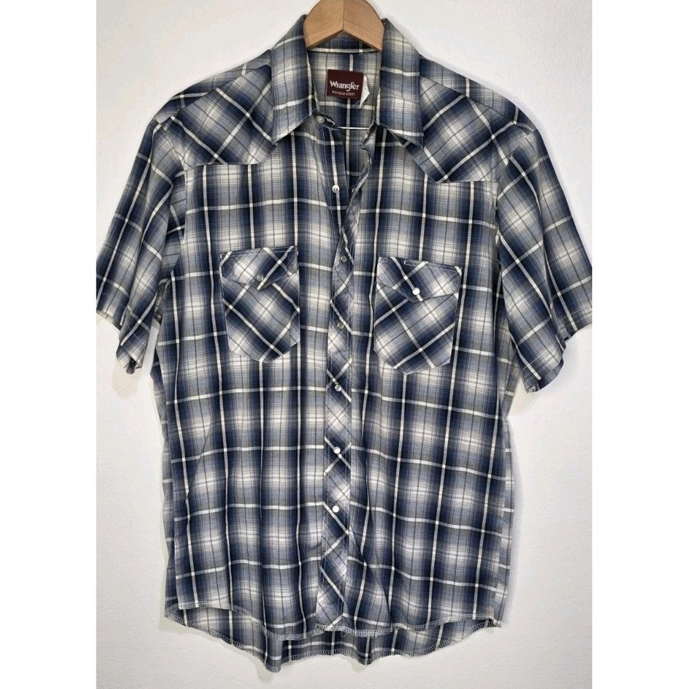 Vintage Wrangler Shirt Men L Blue Plaid Western‎ Short Sleeve Western Rodeo